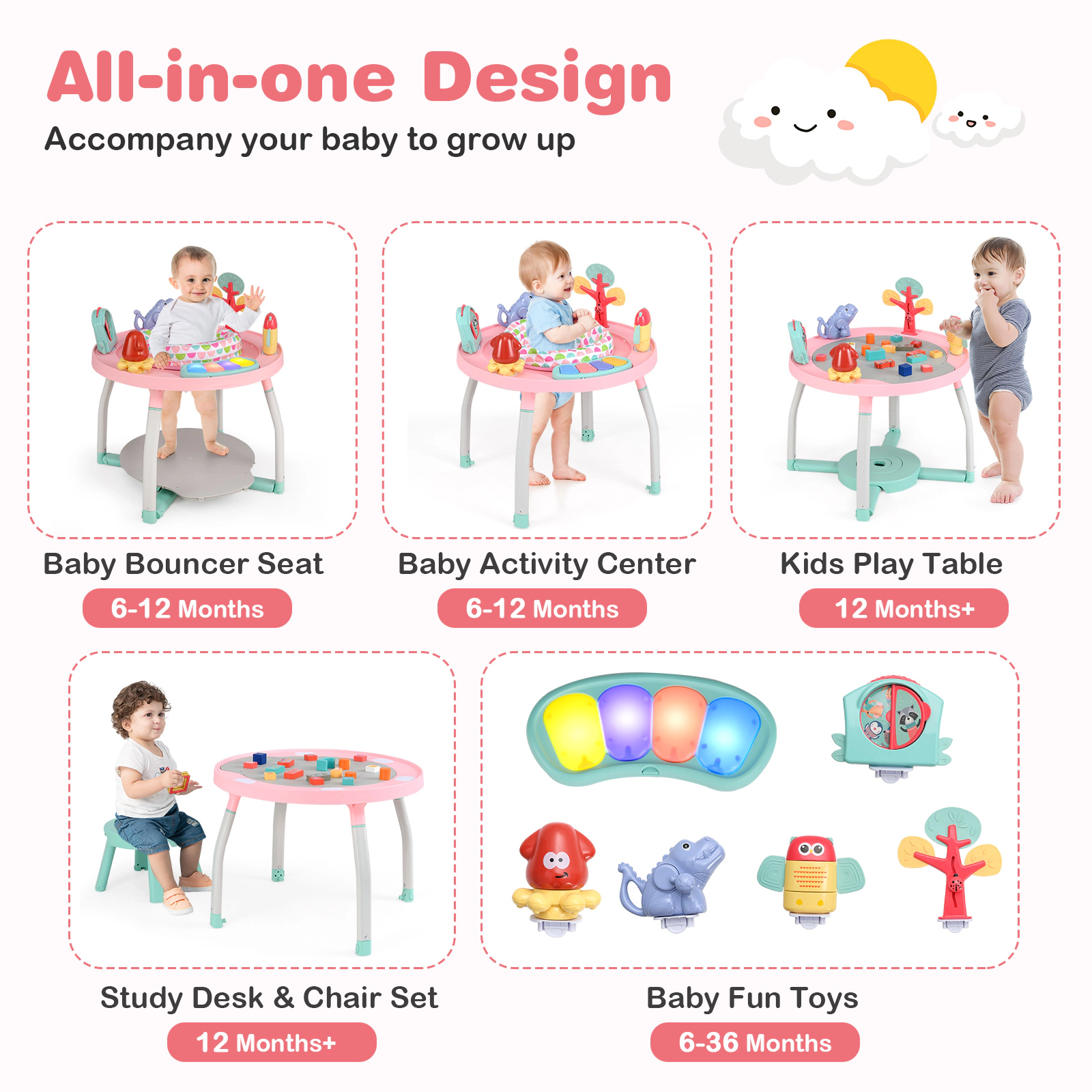 SUGIFT Pink Removable Toys and Study Desk 5-in-1 Baby Activity Center Bounce Seat