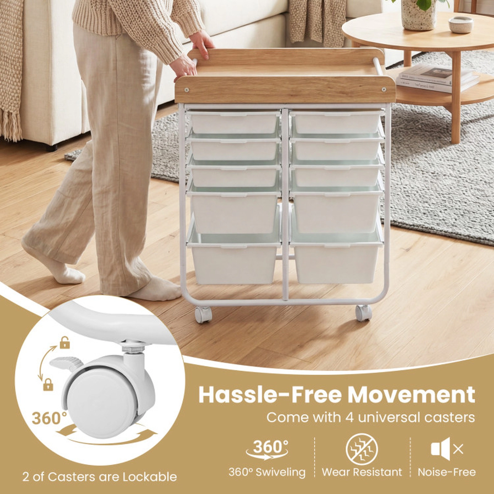 SUGIFT 10-Drawer Rolling Storage Cart with MDF Tabletop 75-lb Capacity 25.5-in Wide Natural and White