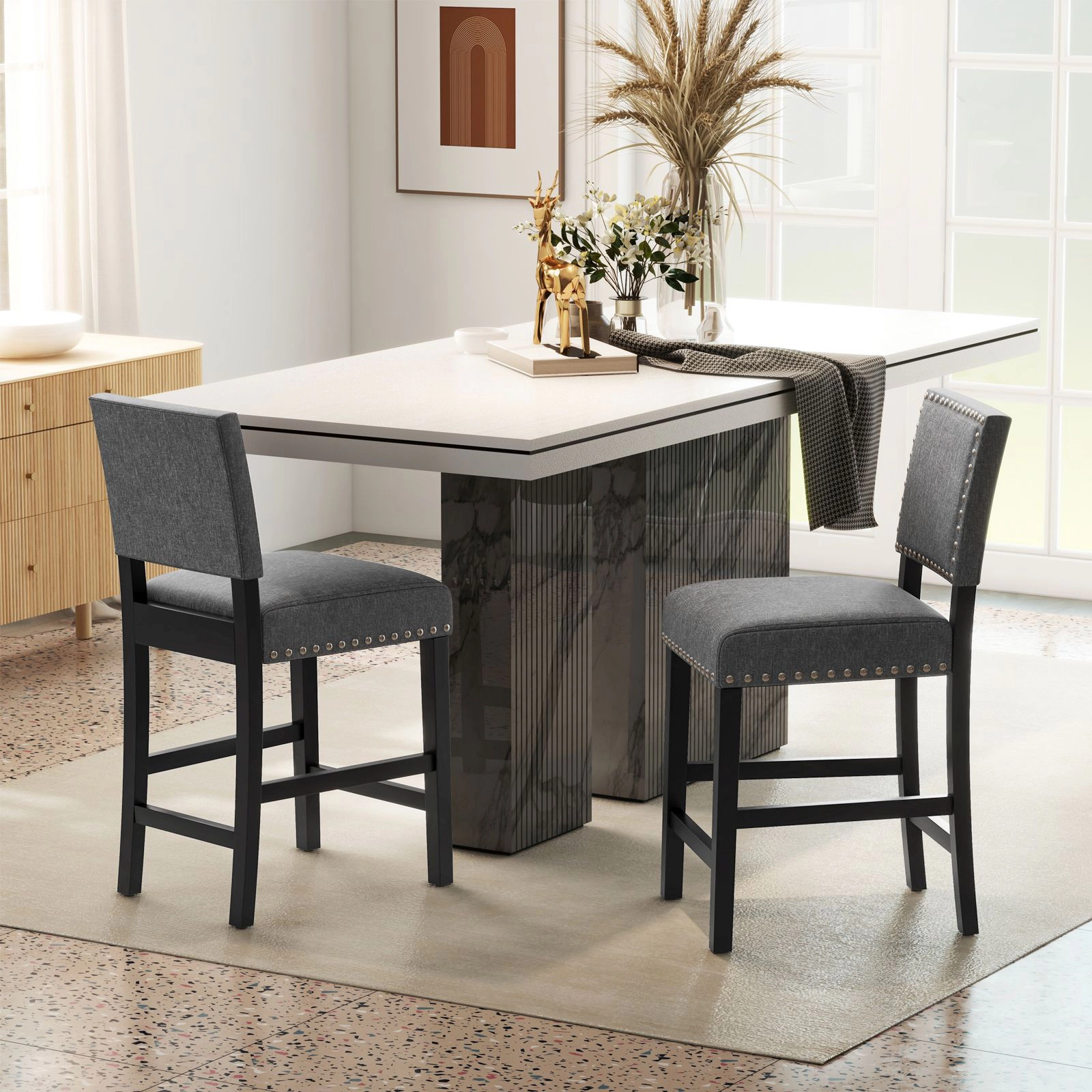 SlickBlue  Set of 2 Upholstered Counter Bar Stools Set of 2, Rubber Wood Frame