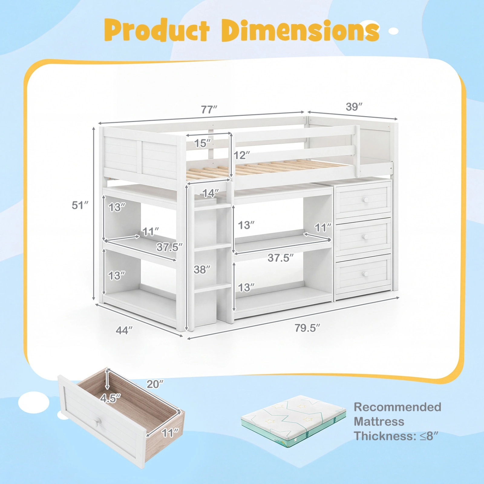SUGIFT Twin Loft Bed for Kids with LED Lights, 3 Drawers, 4 Shelves, White