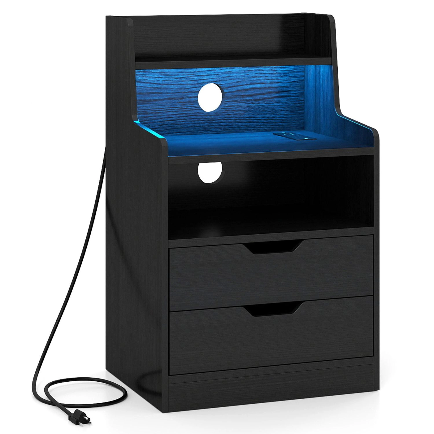 SlickBlue Black LED Nightstand with Charging Station and Drawers