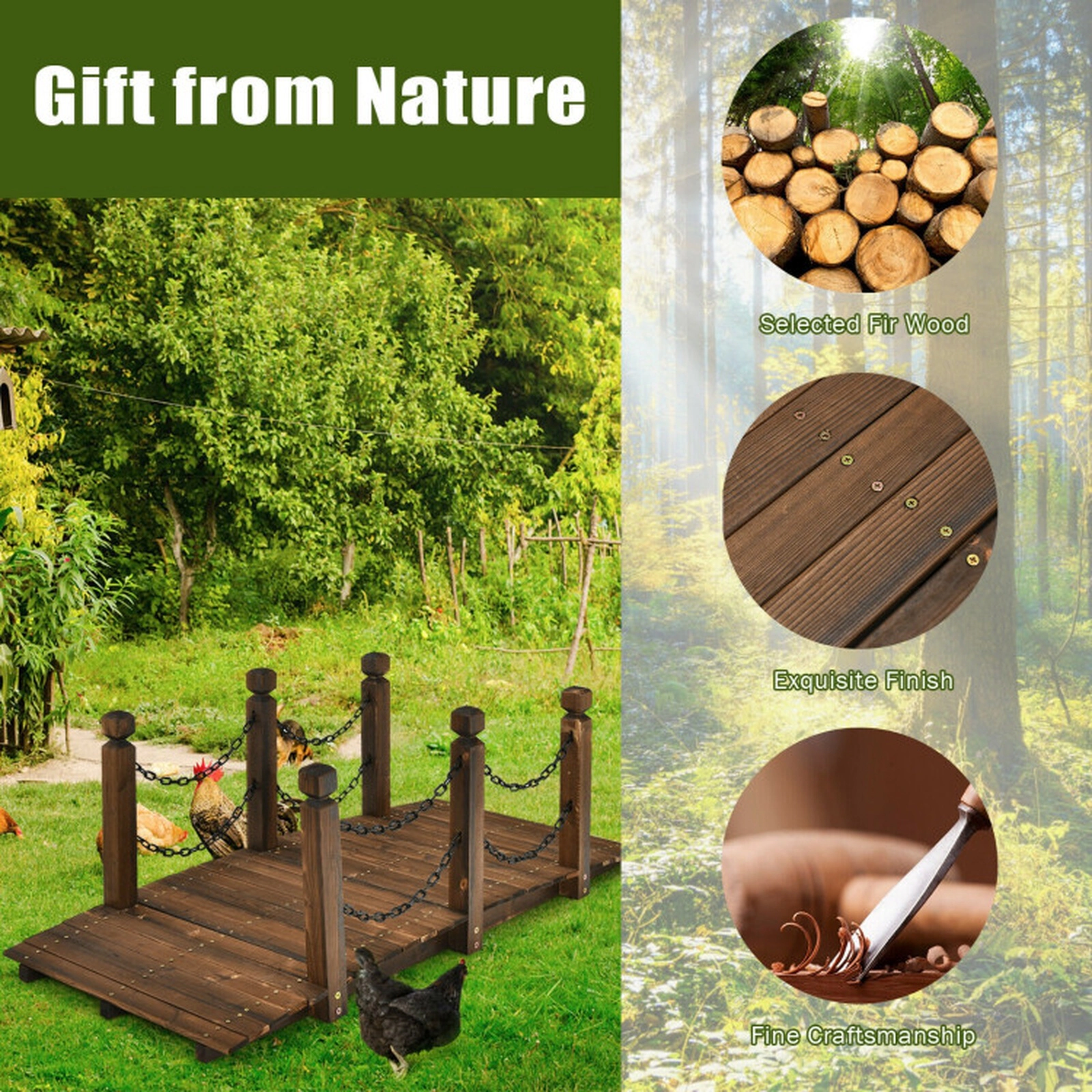 SUGIFT 5-Ft Brown Stained Fir Wood Arc Garden Bridge with Safety Rails 60-in W 26.5-in D 22-in H