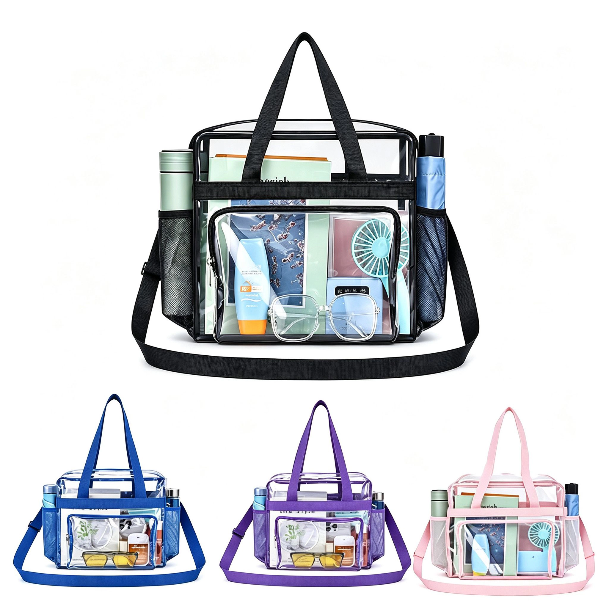 Alilang Women's Clear Tote Bag with Exterior Mesh Pockets, Double Top Handles and Removable Adjustable Shoulder Strap