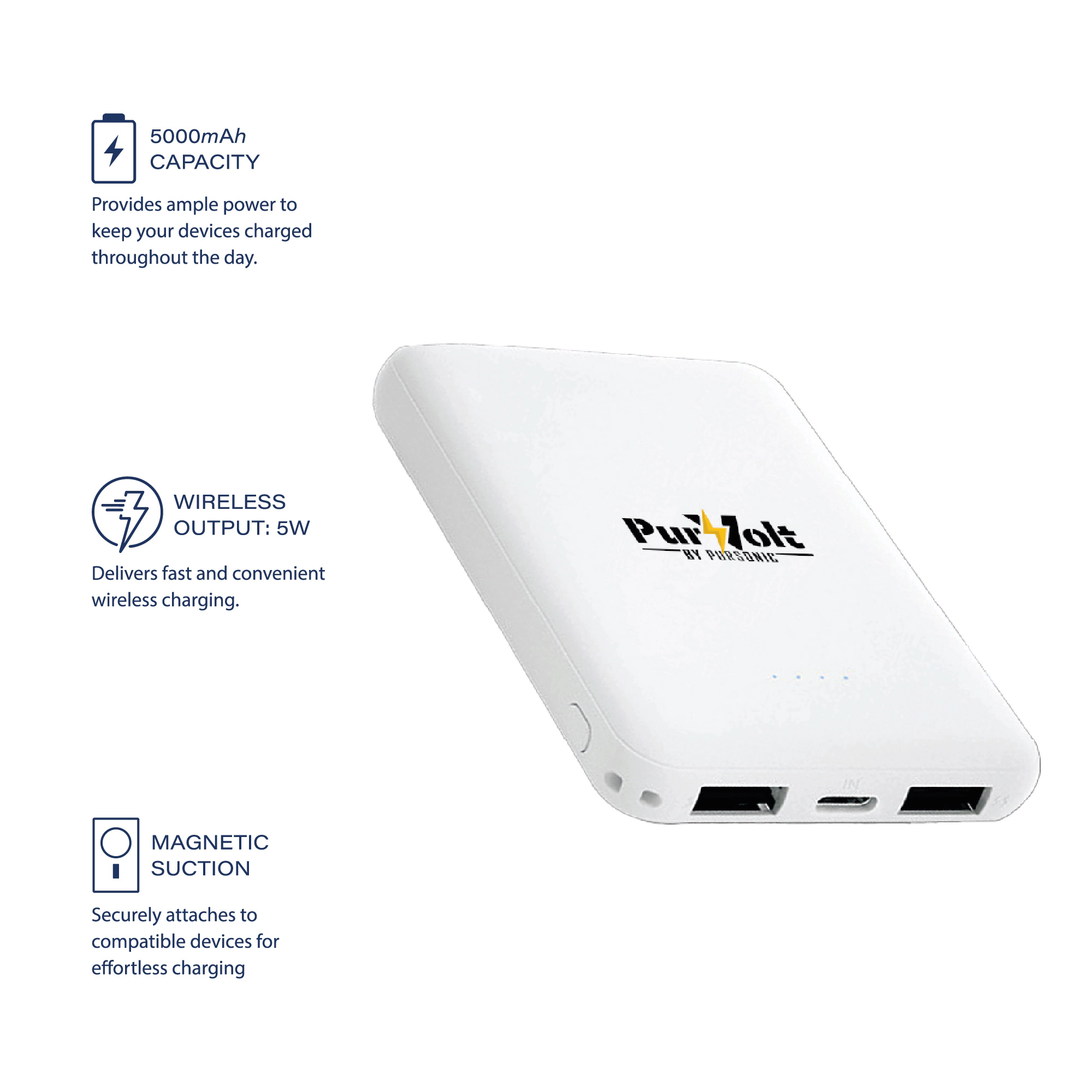 Pursonic Unisex Portable Wireless Charging Power Bank – Ultra-Compact 5000mAh Wireless Output Charger