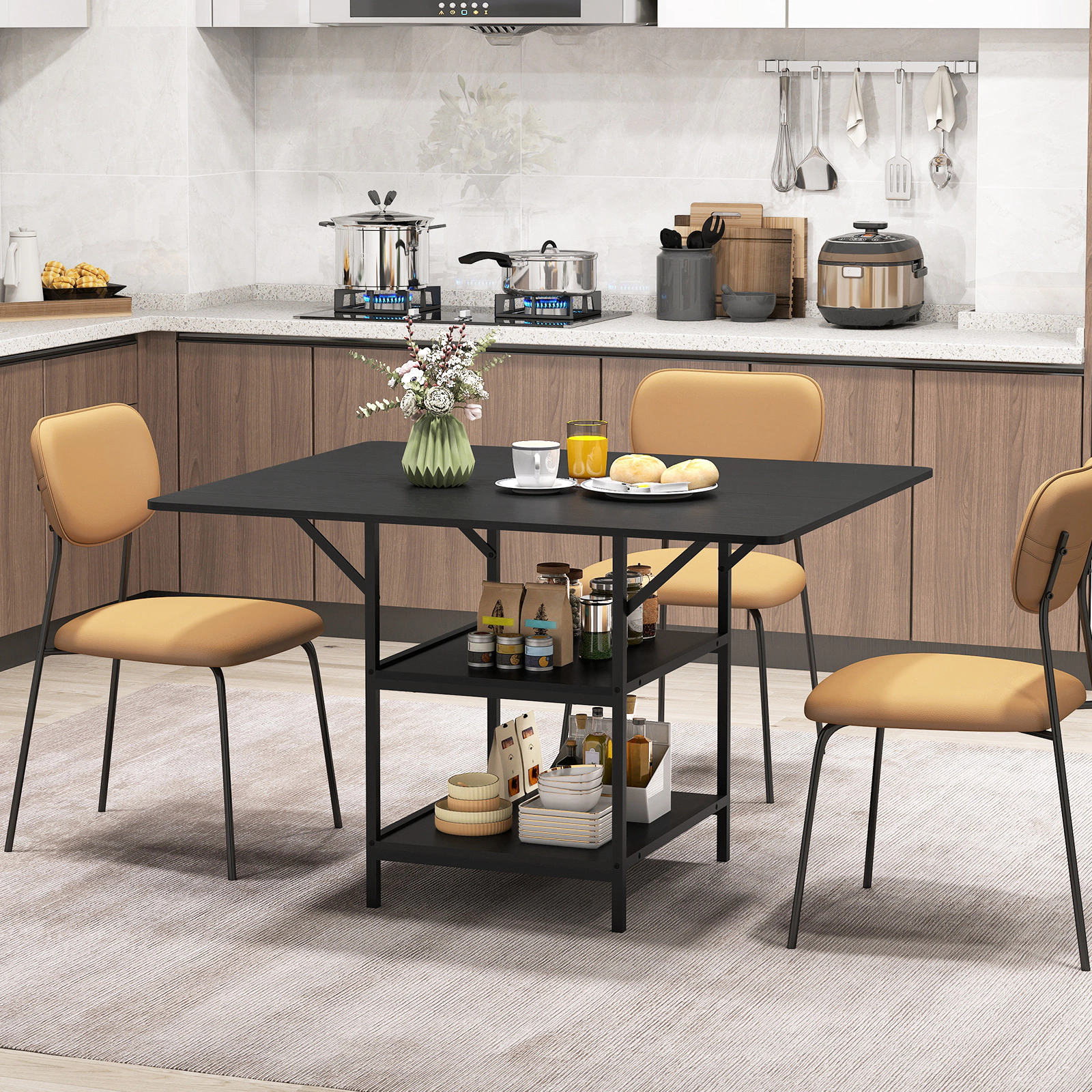 LJG 47 Inch Rectangular Dining Table with 2 Open Storage Shelves and Sturdy Metal Legs for 4-6-Black Costway3