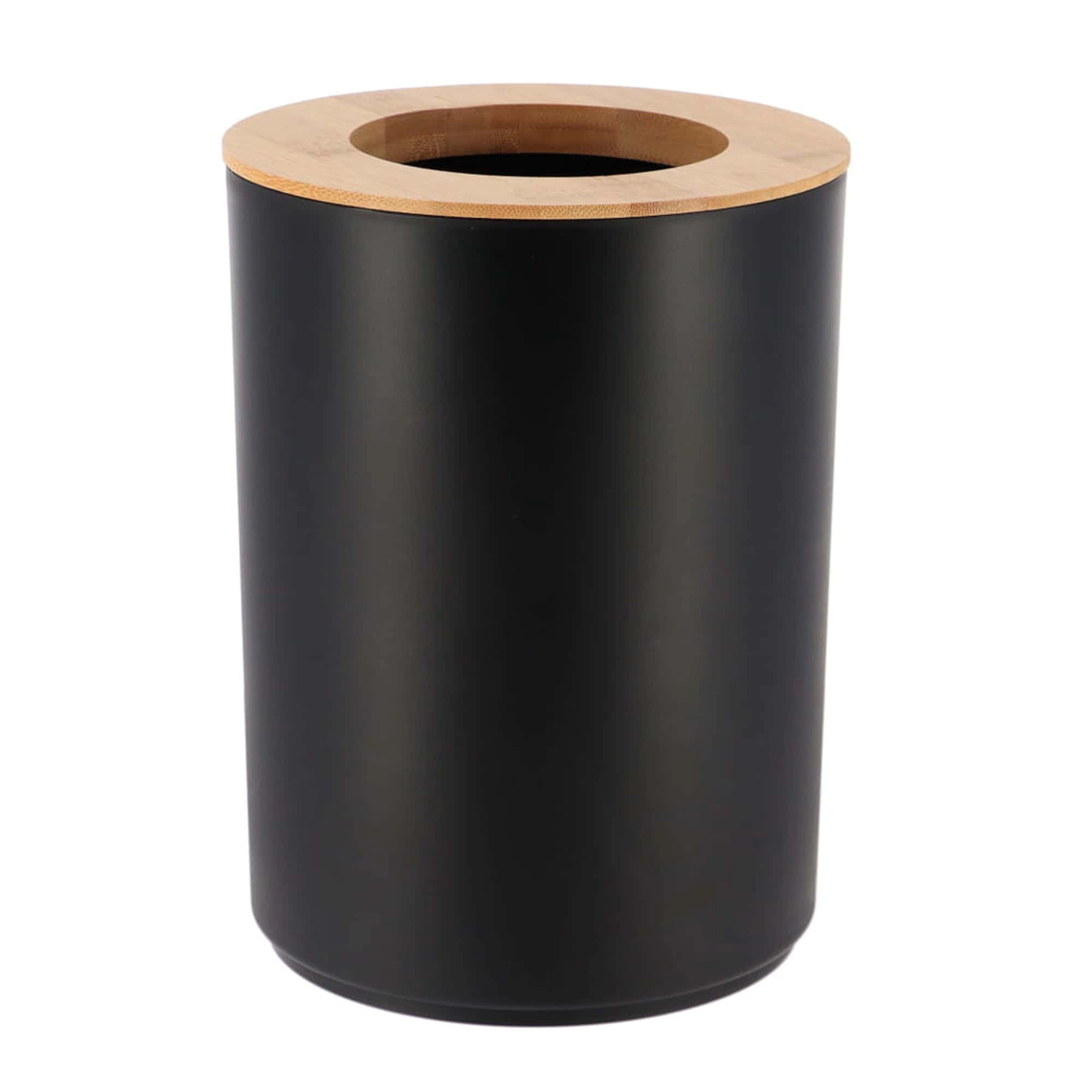 Evideco French Home Goods 5L Matte Polystyrene Trash Can with Bamboo Lid - Compact Bathroom Bin
