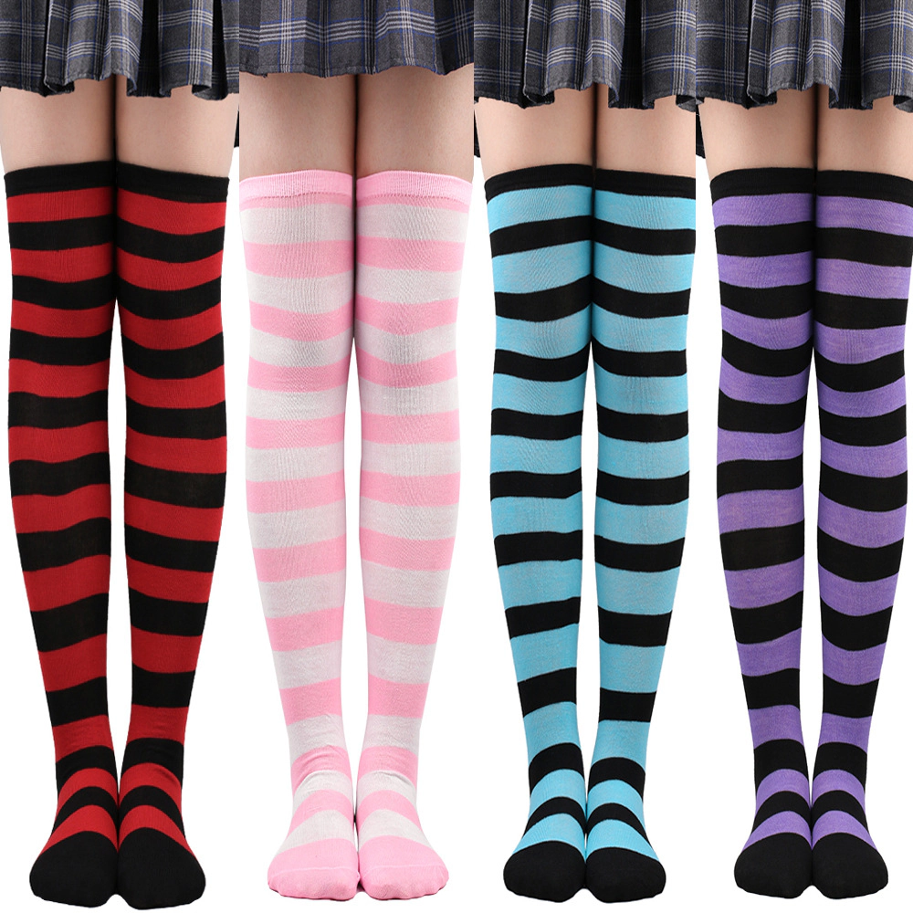 Women Over Knee High Socks Striped Thigh