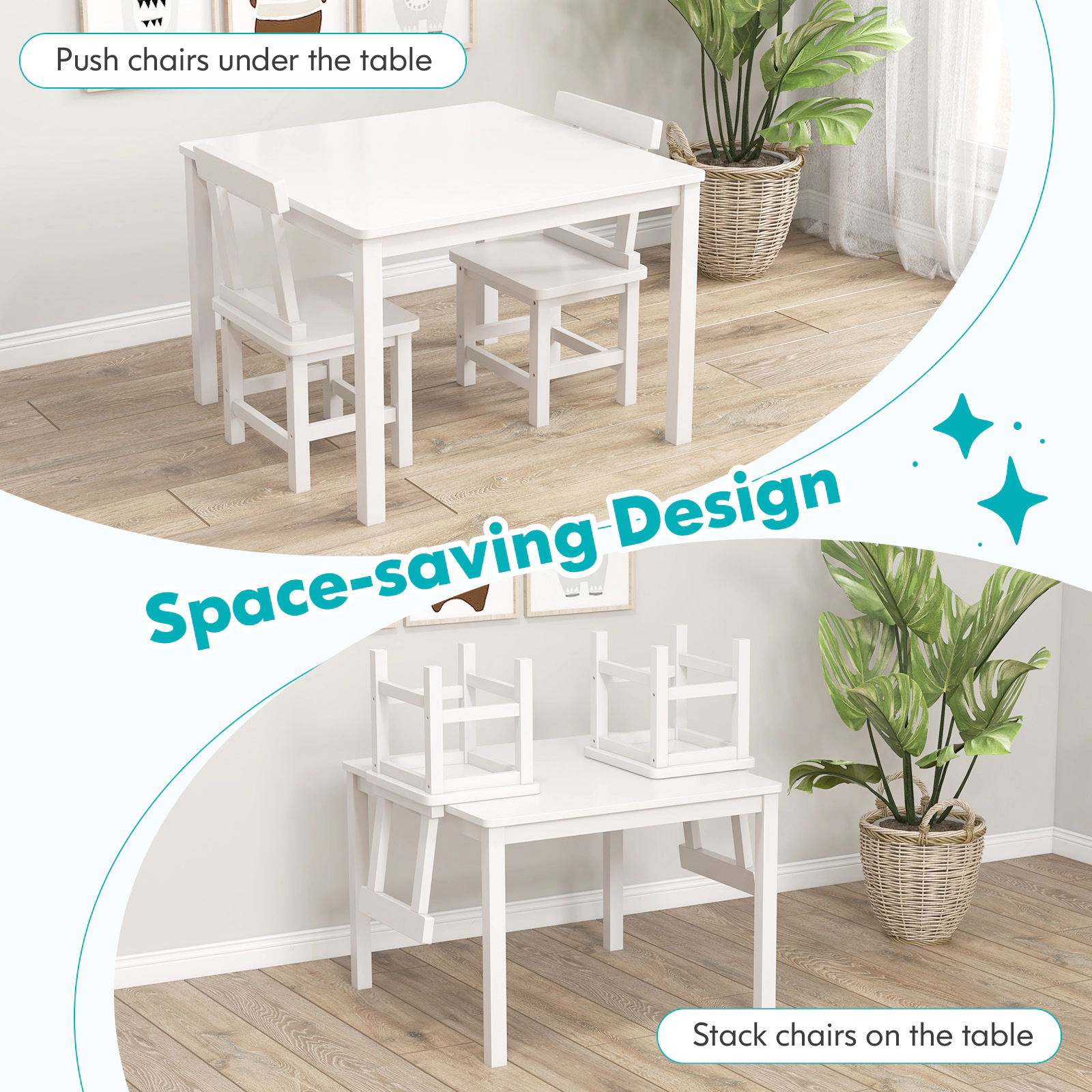 SUGIFT White Anti-Slip Foot Pads and Solid Wood Frame Kids Wooden Table and 2 Chairs Set