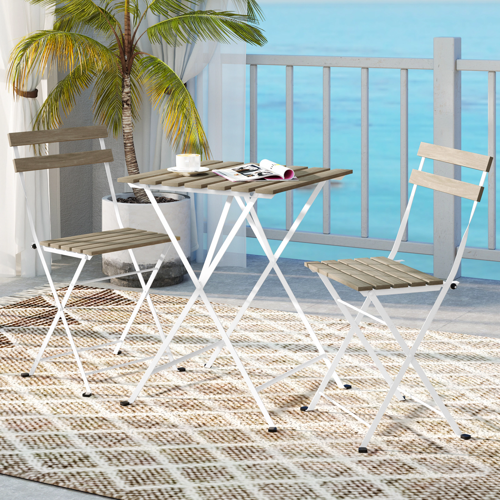 SUGIFT 3-Piece Acacia Wood Bistro Set with 2 Folding Chairs and Slatted Table