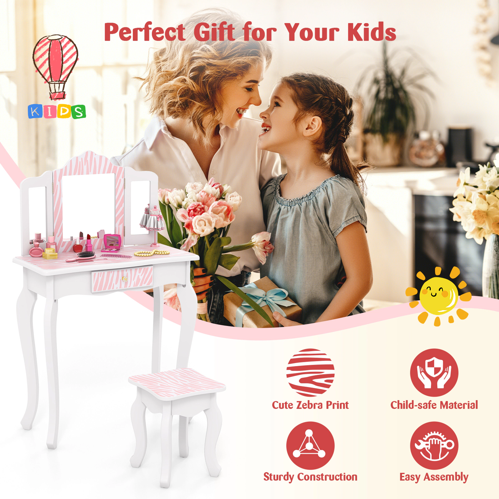 SUGIFT Pink Tri-Folding Mirror Storage Drawer 3 Makeup Accessories and Stool Kids Vanity Set