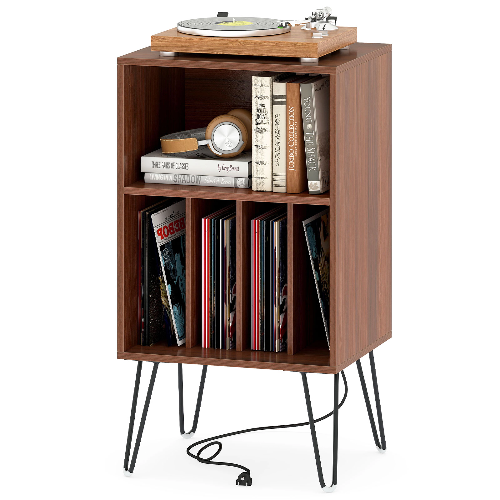 SUGIFT Walnut 3-Tier Record Player Stand with Vinyl Storage and Charging Station