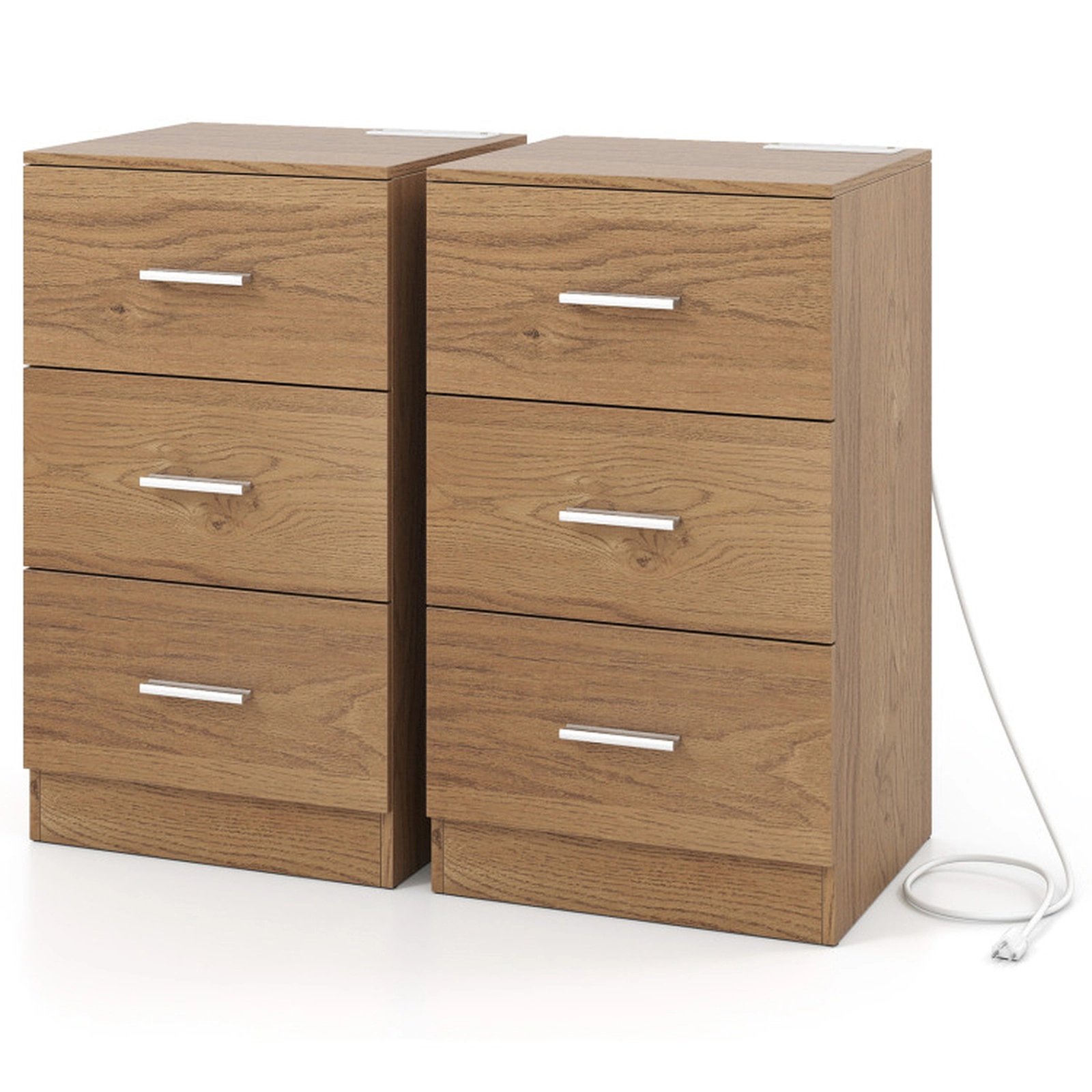 SUGIFT Set of 2 Nightstands with Charging Station and 3 Drawers 44-lb Countertop Capacity Natural