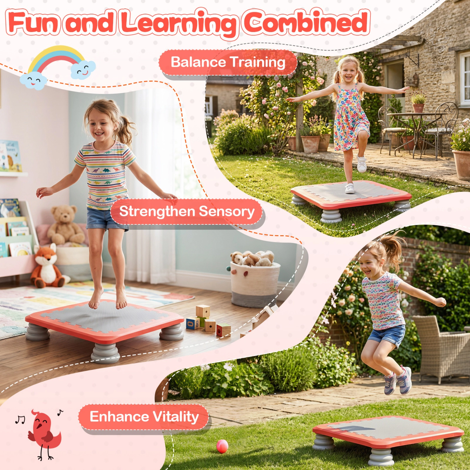 SUGIFT 25.5-in Kids Mini Trampoline with Honeycomb Bottom & 4 Removable Non-Slip Foot Pads 220-lb Capacity 3+ Years Red