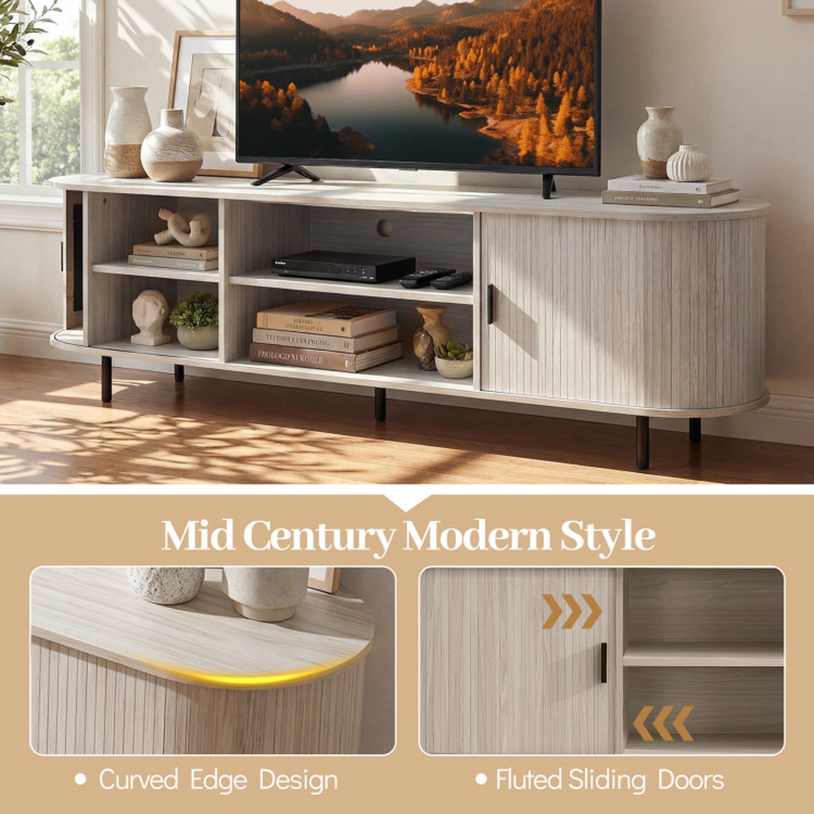 SUGIFT 71-Inch Mid-Century Modern TV Stand, 165 lb Capacity, Fluted Sliding Doors, for TVs up to 80 Inches