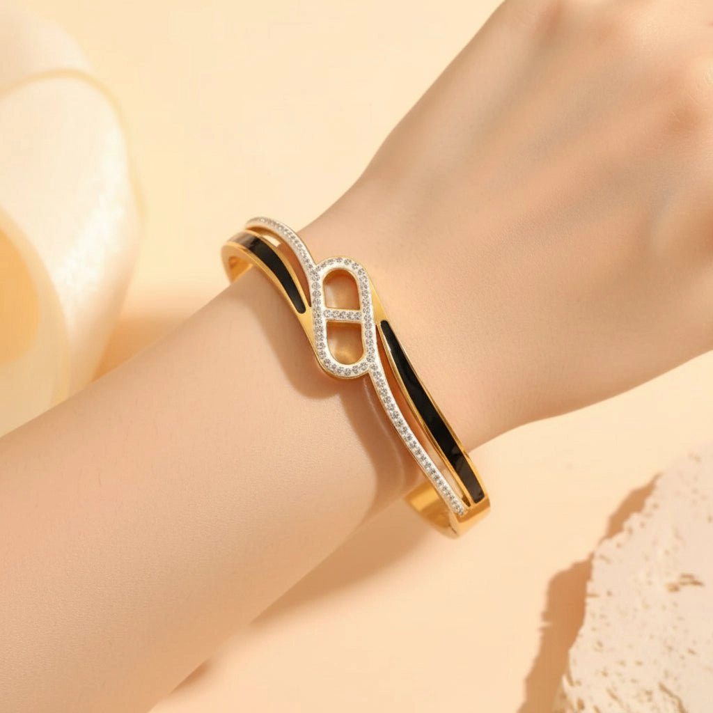 DressAtR Women's Oval Rhinestone 18K Gold Plated Bangle