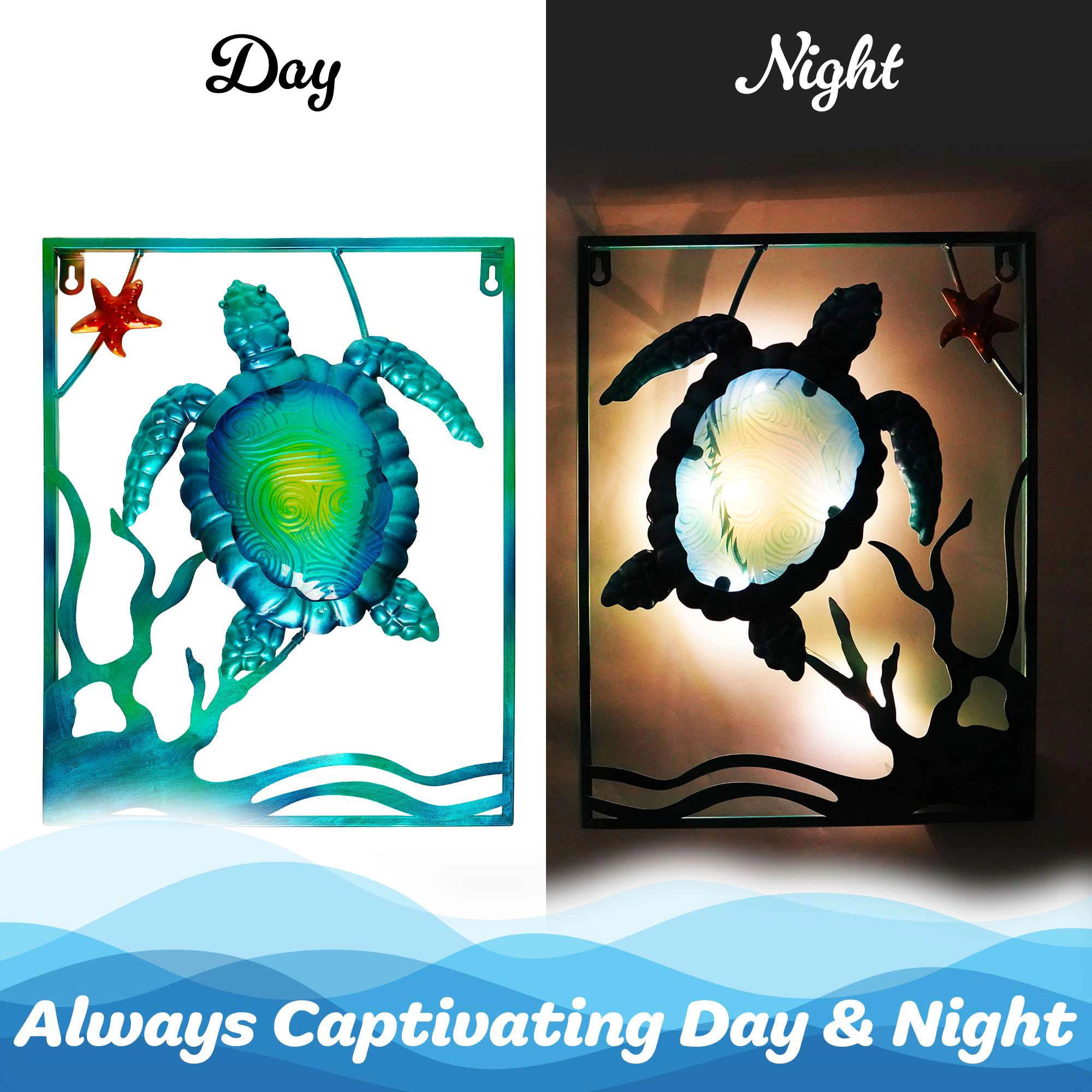 G128 Sea Turtle Metal Wall Art Set - Turquoise Glass and Iron Coastal Decor with LED Lights, Set of 2, Battery Operated