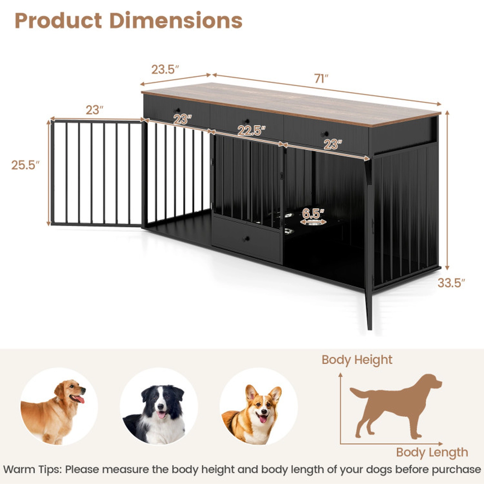SUGIFT Modern Dog Crate Furniture for 2 Dogs with Divider 3 Drawers Pull-Out Feeder and 2 Steel Bowls