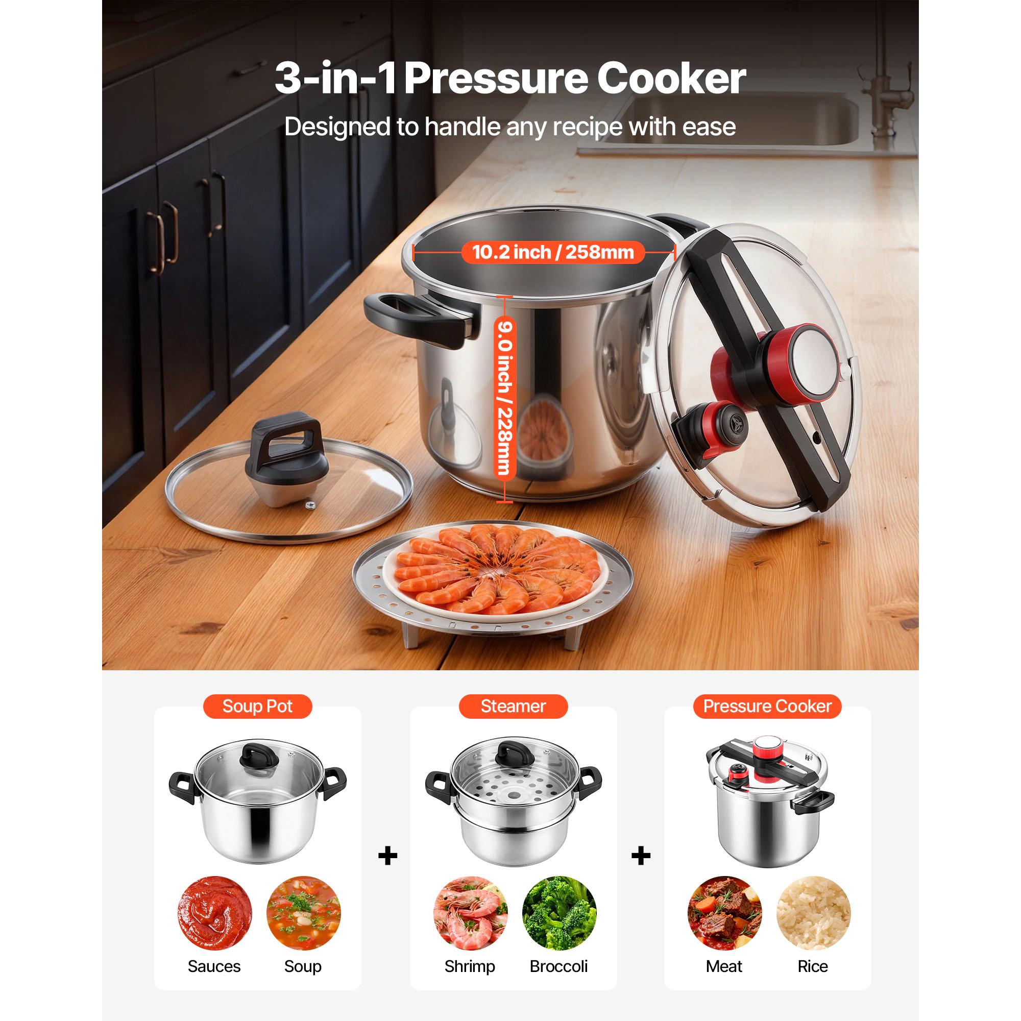 HONGGE 12Qt Stainless Steel Stovetop Pressure Cooker & Canner with Steaming Rack, Tempered Glass Lid, 3 Settings