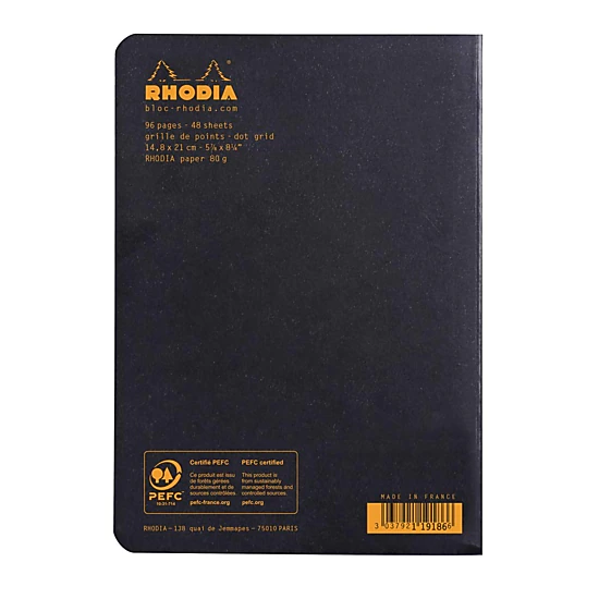 Rhodia Slim Staplebound Notebook, Dot Grid, 48 Sheets (A5 6 x 8.25), Black cover