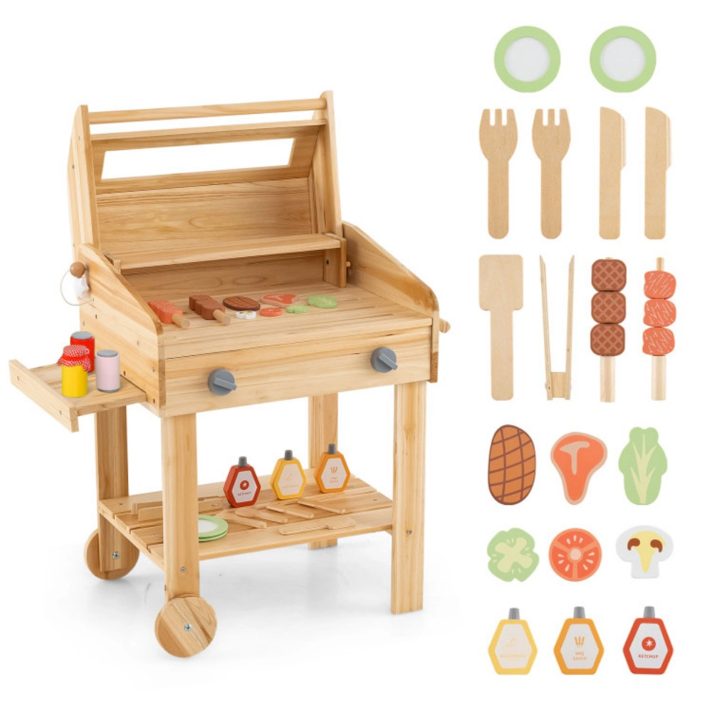 SUGIFT Kids Wooden Barbecue Grill Playset Pretend Kitchen with 25-Piece Food Set Ages 3+ 21-in Wide Natural
