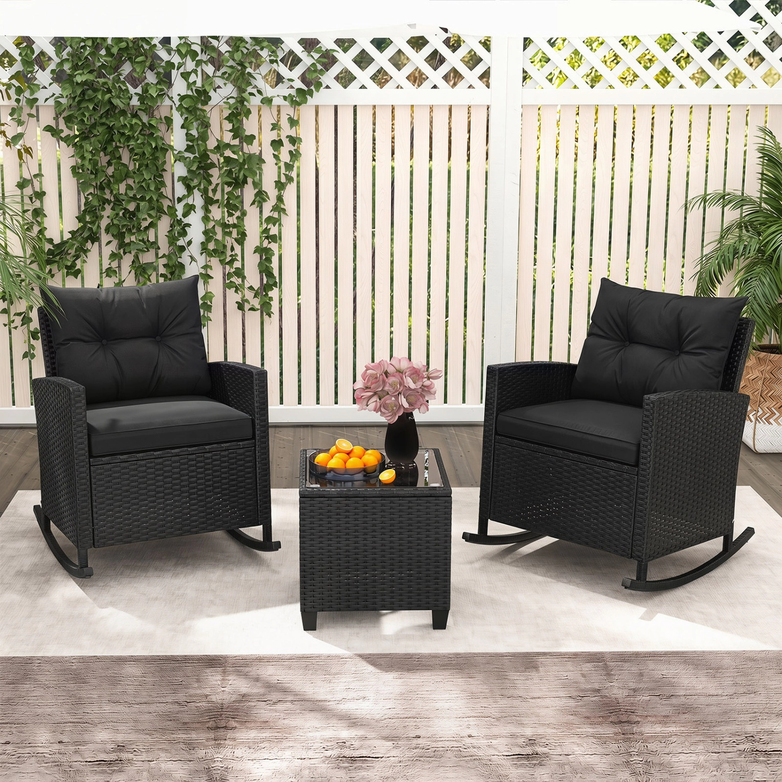 SUGIFT 3-Piece Patio Rattan Rocker Conversation Set Tempered Glass Table & Soft Cushions 400-Lb Capacity Black & Brown