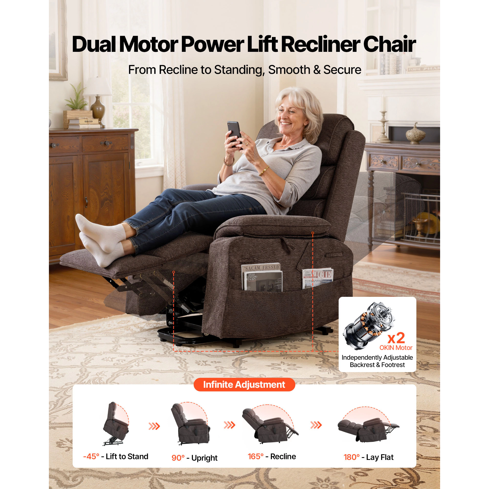 HONGGE Power Lift Recliner Chair Dual Motor Medium with Heat and Massage for Elderly Position Adjustable
