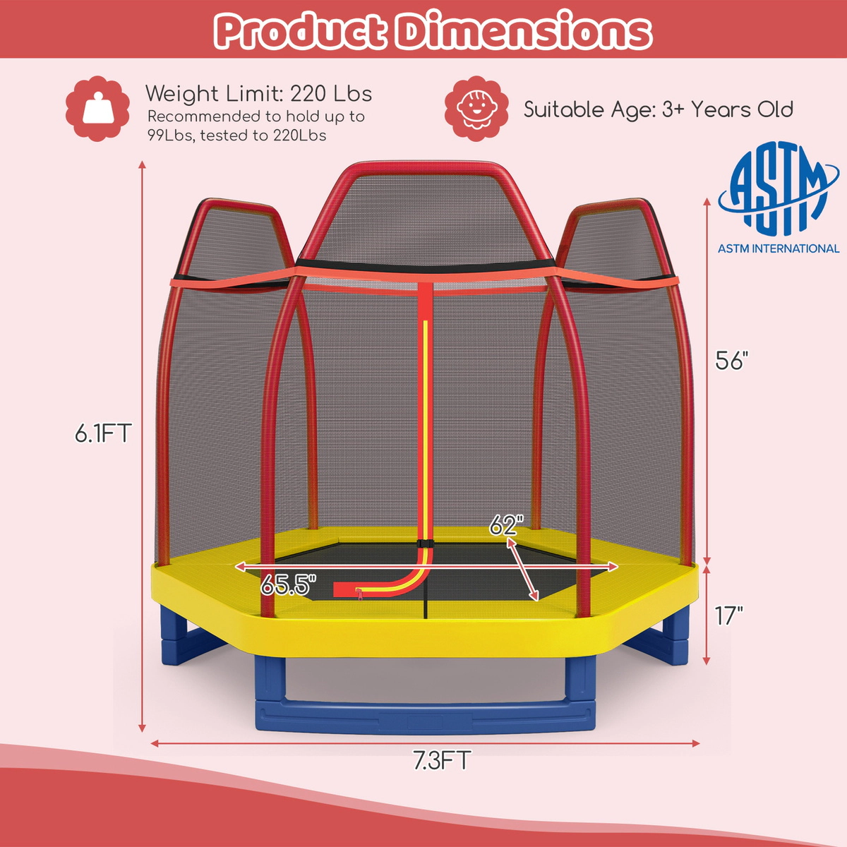 SUGIFT 7.3-Foot Kids Recreational Bounce Jumper Trampoline with Enclosure Net 150-lb Capacity Ages 3+ As Picture Shows