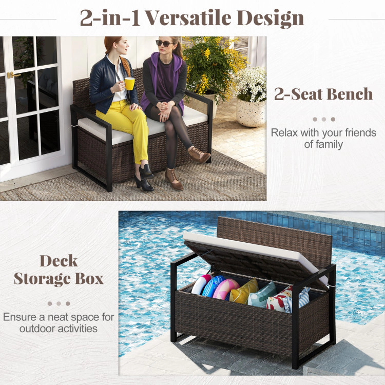 SUGIFT 2-Seat 40-Gallon Off White Cushion PE Rattan Storage Bench 46-in x 24.5-in x 33.5-in 800-lb Capacity Brown