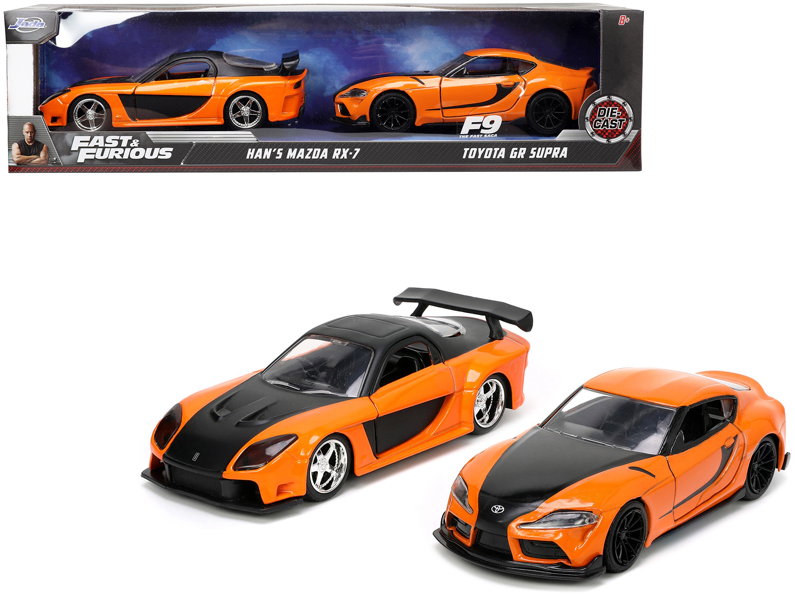 Jada Han's Mazda RX-7 Orange Metallic and Matt Black and Toyota GR Supra Orange Metallic with Black Hood Set