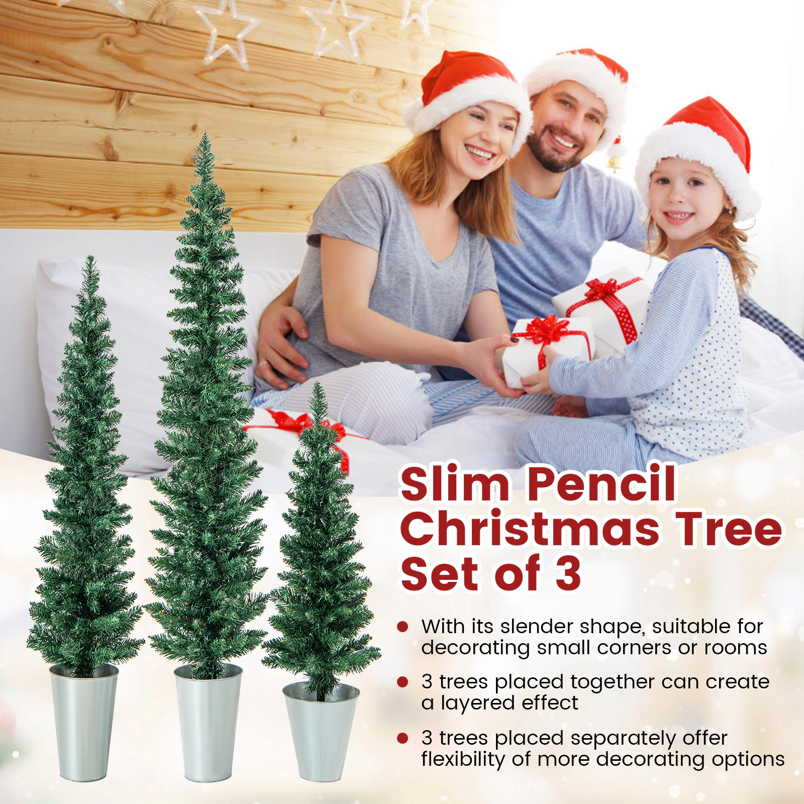 LJG Set of 3 Potted Artificial Christmas Tree with Silver Metal Buckets