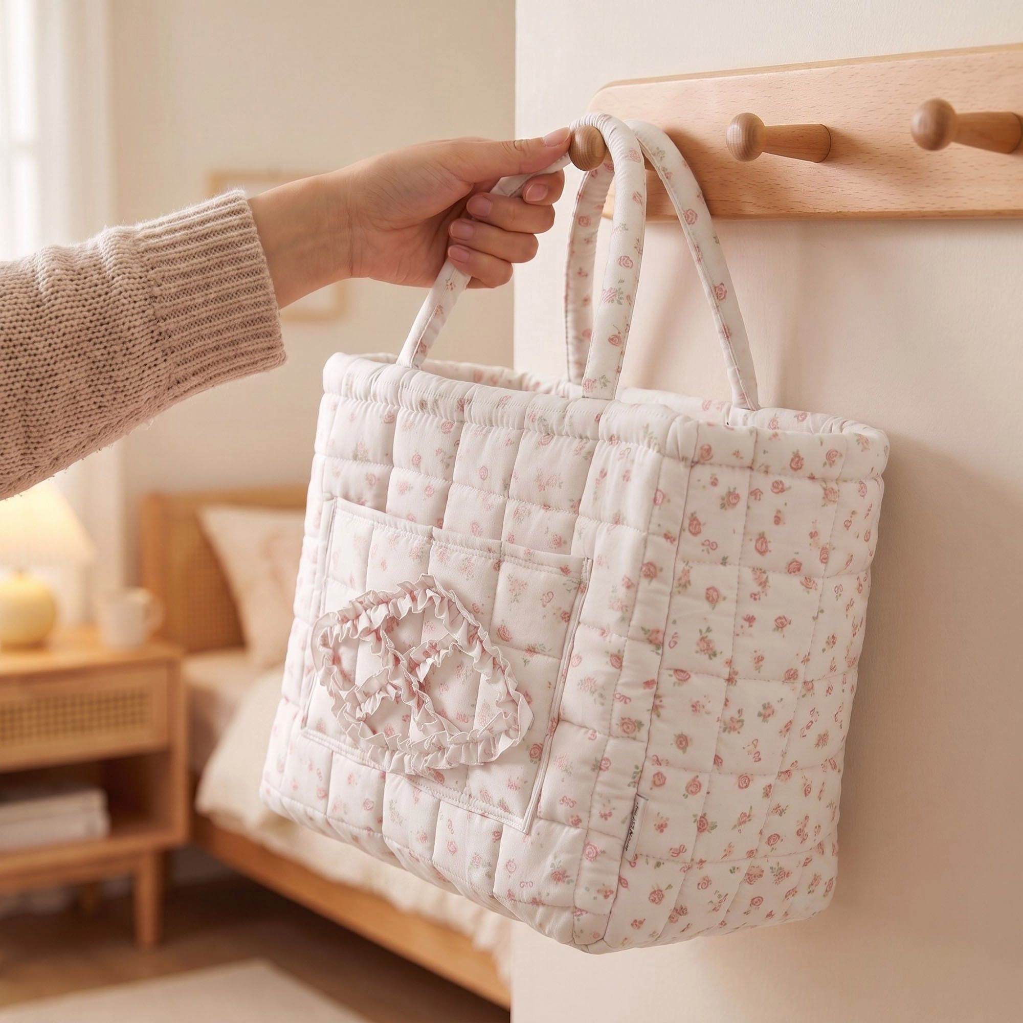 Alilang Unisex Floral Quilted Fabric Storage Tote with Handles and Pocket