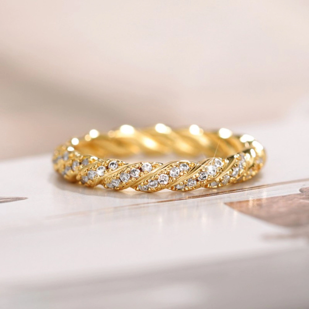 Women Twist Woven Chain Ring Cubic Zircon Wedding Jewelry