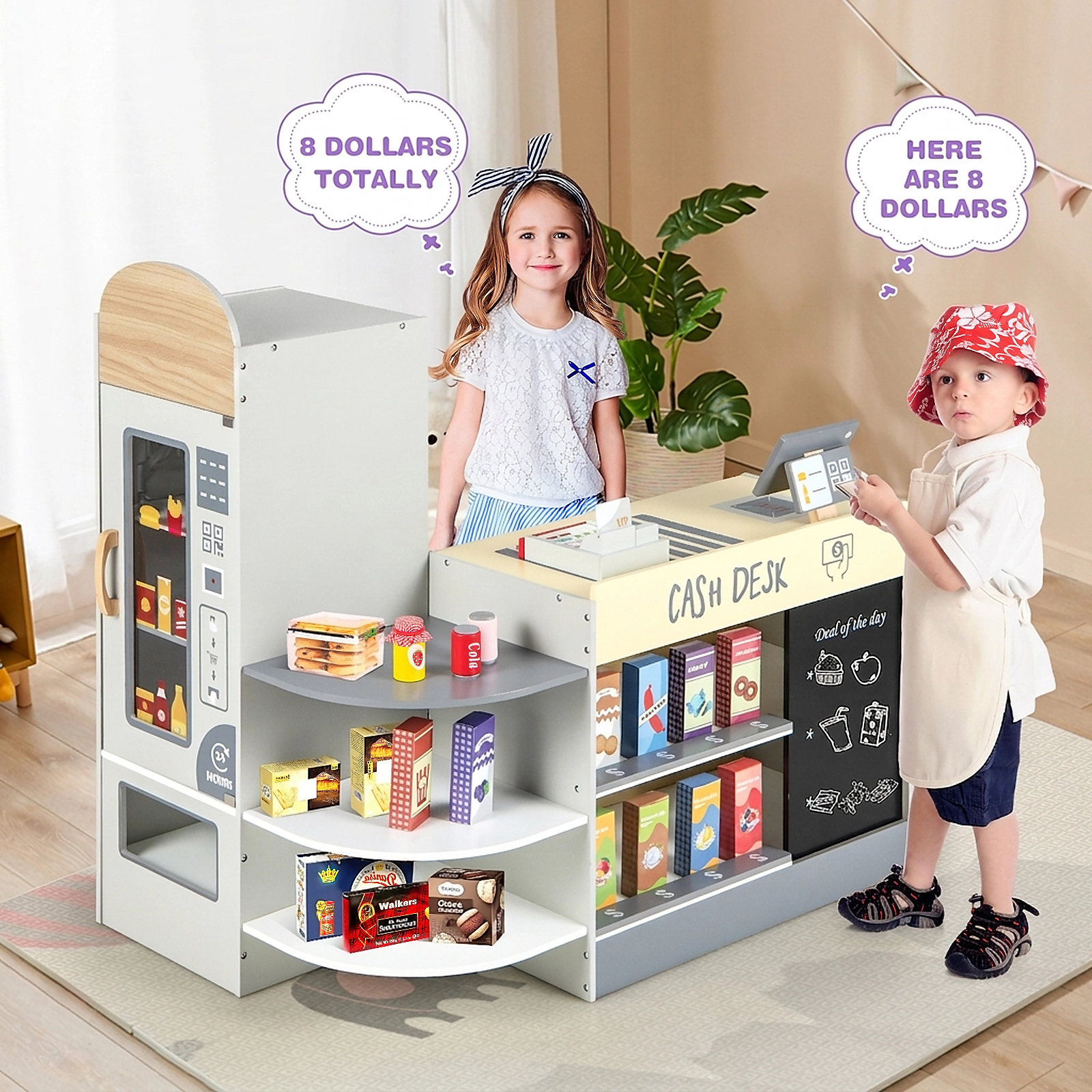 Kids Grocery Store Playset with Toy Cash Register Scanner Card Reader and 13-pc Toy Food 35-in x 22.5-in x 34.5-in Gray