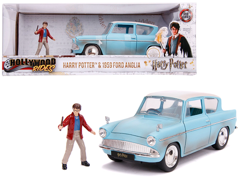 Jada Collectible 1959 Ford Anglia Light Blue (Weathered) With Harry Potter Diecast Figurine 1/24 Diecast Model Car