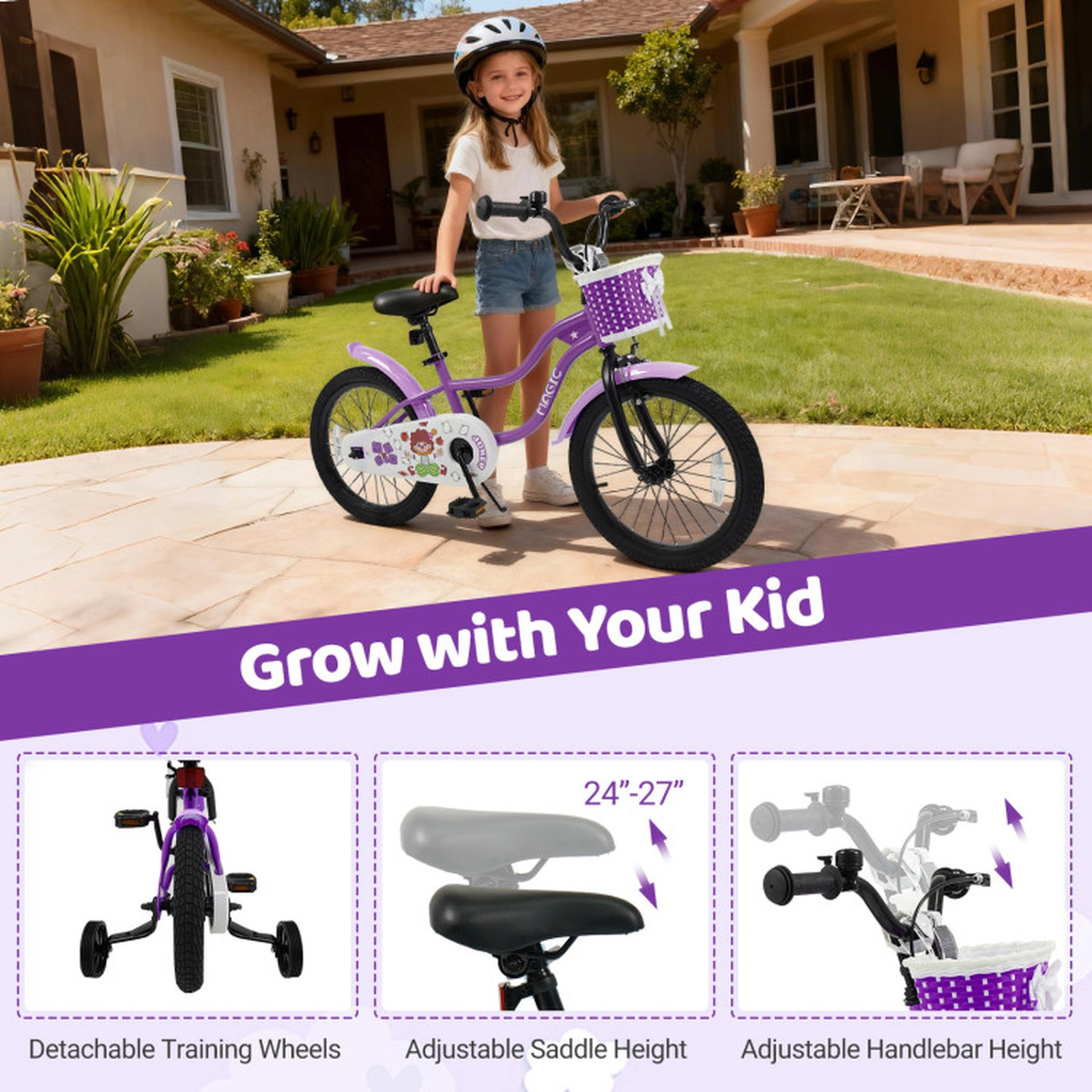 SUGIFT Purple Training Wheels Removable Front Basket Mudguards and Bell Kids 18 Inch Bike
