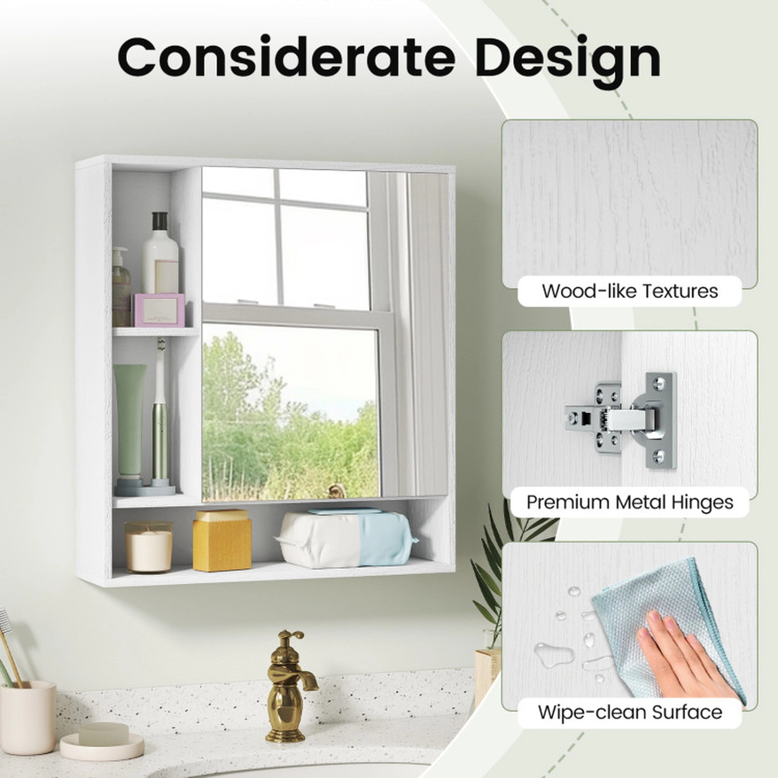 SUGIFT Wall Mounted Bathroom Cabinet with Mirror Single Door 21.5-in Frame 176-lb Capacity Wall Storage 1-Piece White