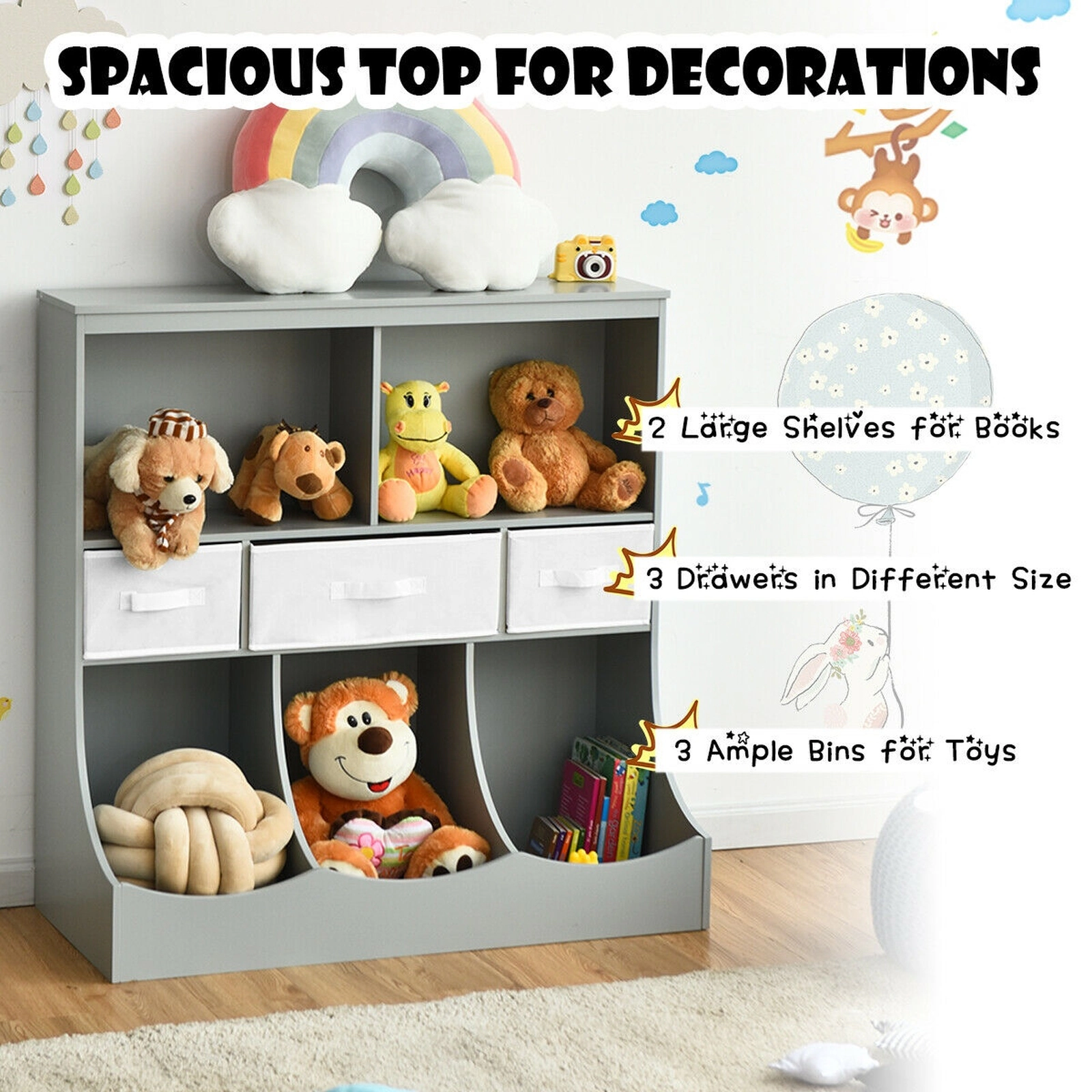 SUGIFT 37-in Combo Cubby Bin Storage Organizer with Drawers and Bins 66-lb Top Capacity Toy Unit Gray Brown White