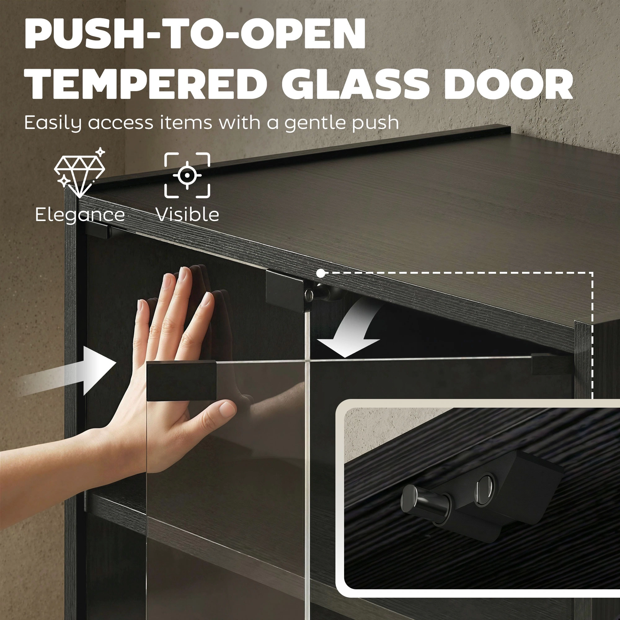 HONGGE Media Cabinet Stand with Adjustable Shelves Glass Doors and Cable Management