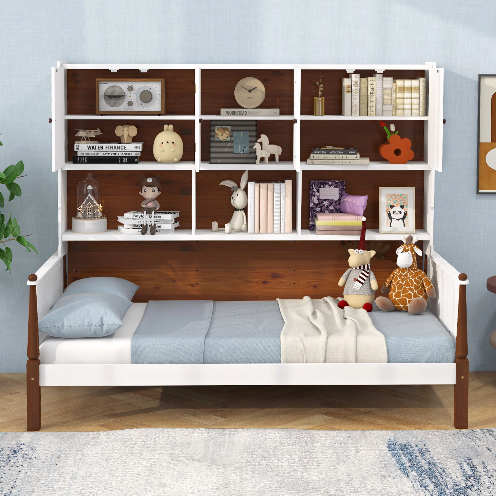 SUGIFT Twin Platform Bed with Bookcase Headboard, 2 Cabinets, 5 Shelves, White
