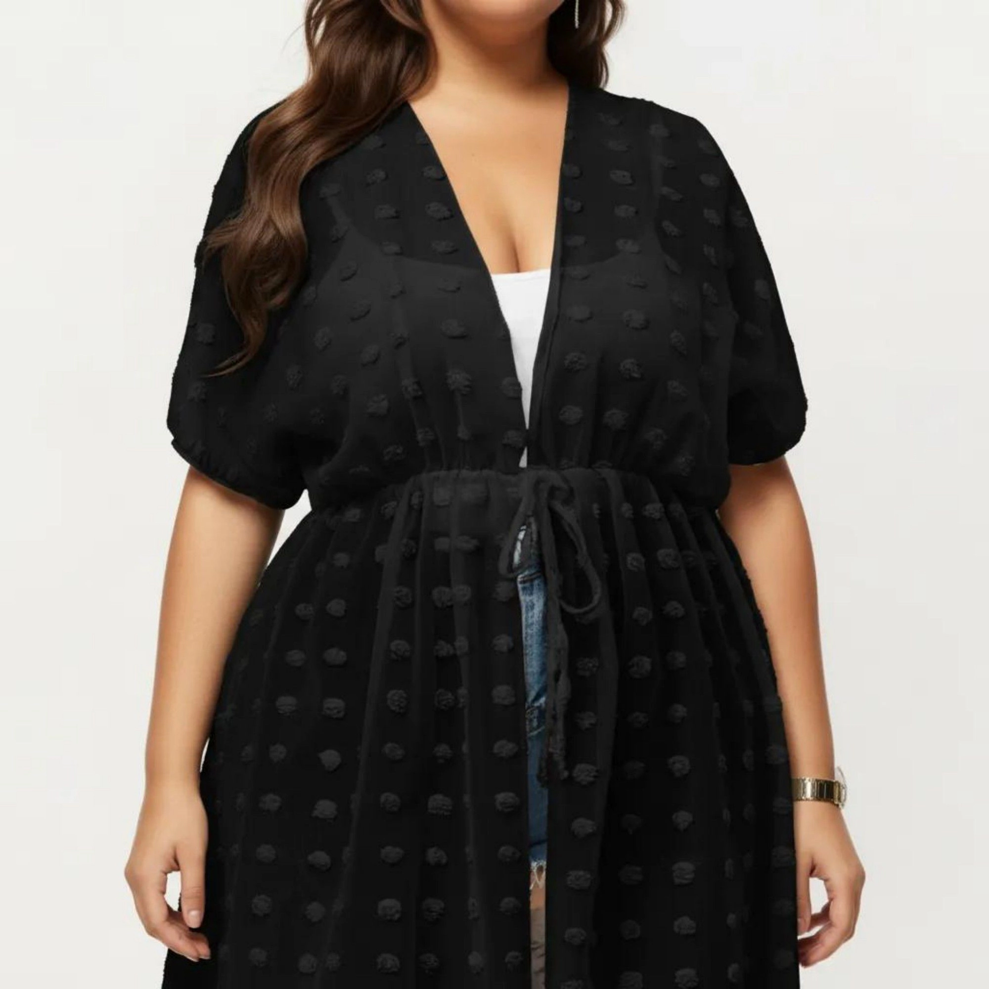 Anna-Kaci Women's V Neck Drawstring Waist Swiss Dot High Low Hem Beach Layer Sheer Midi Cover Up Dress