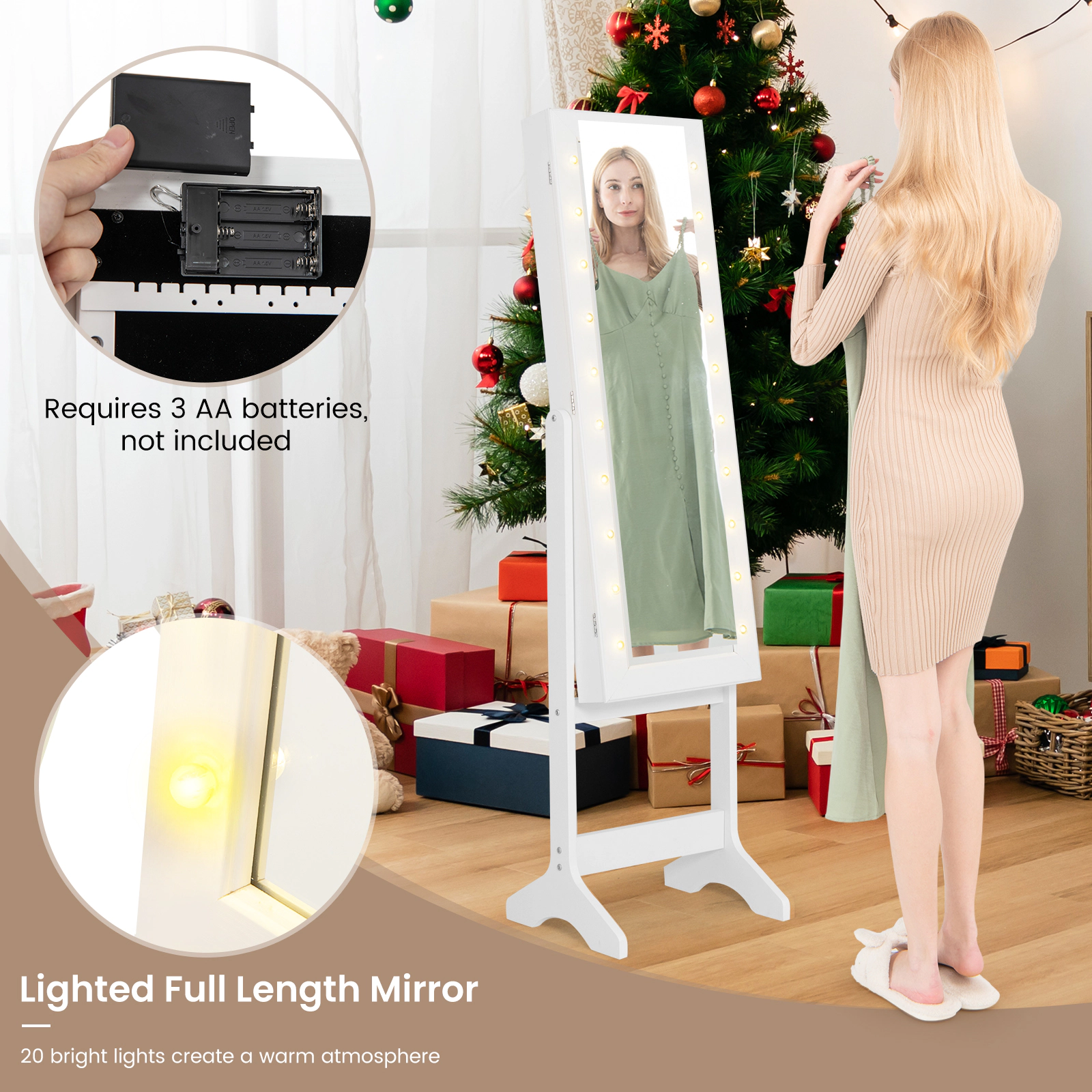 SUGIFT 61.5-in Full-Length Mirror Jewelry Cabinet with 20 Warm Lights and 4 Tilt Angles MDF Frame White