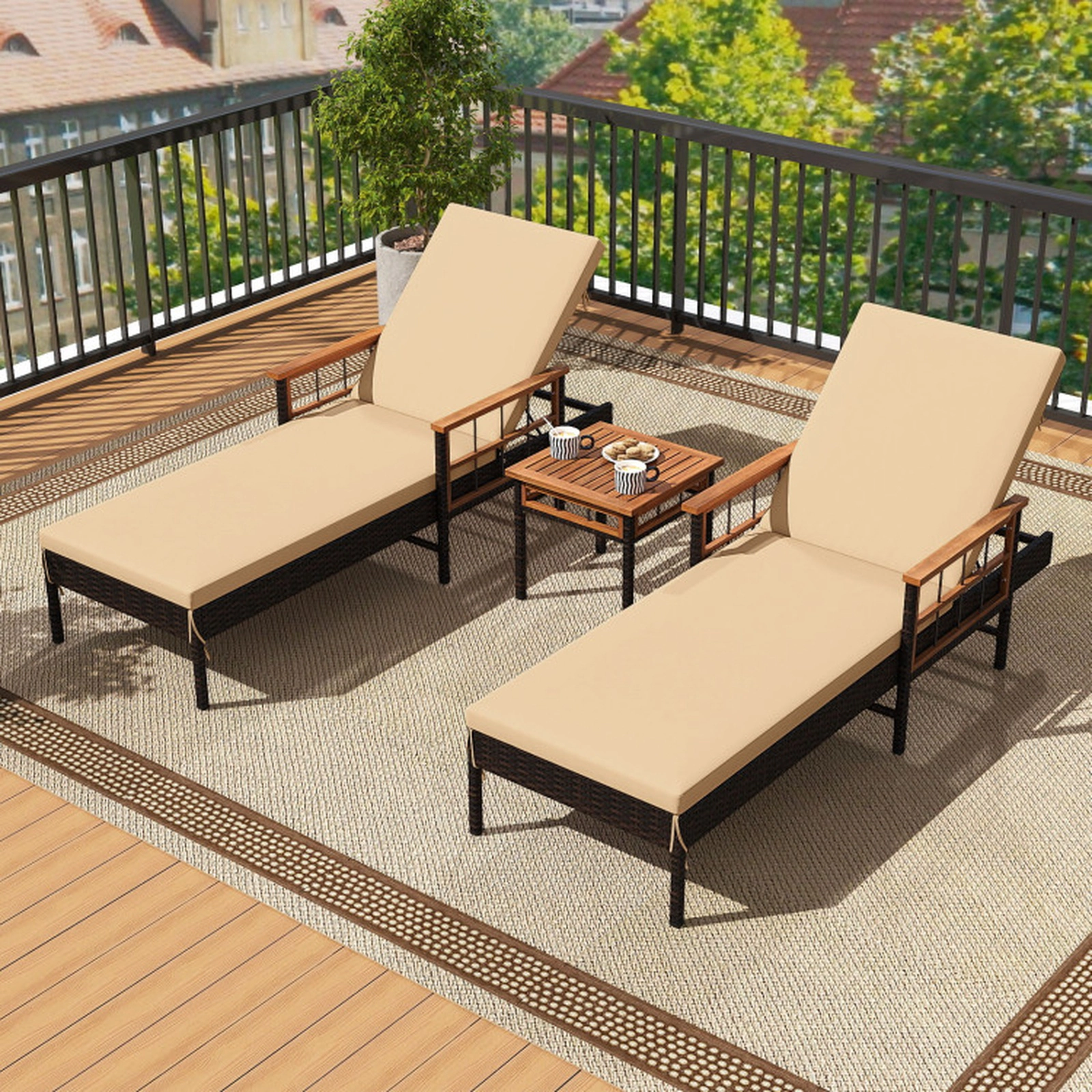 SUGIFT 4-Level Adjustable Patio Rattan Chaise Lounge with Cushions 400-lb Capacity Mix Brown Rattan Beige Cushions