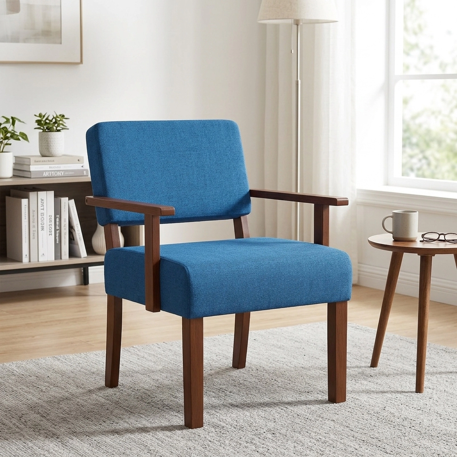 SUGIFT Blue Linen Upholstered Club Armchair with 6-Inch Padded Seat, Rubber Wood Frame