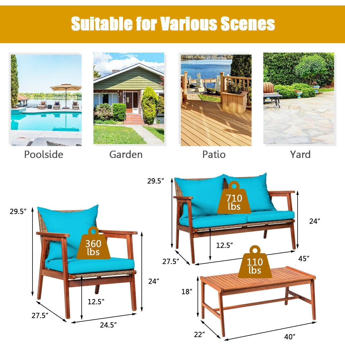 SUGIFT 4-Piece Acacia Wood Rattan Sofa Set with Coffee Table 45-in W Loveseat 710-lb Loveseat Capacity Turquoise