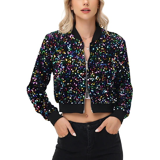 Anna-Kaci Women's Sequin Zip-Up Bomber Jacket with Ribbed Trim and Long Sleeves