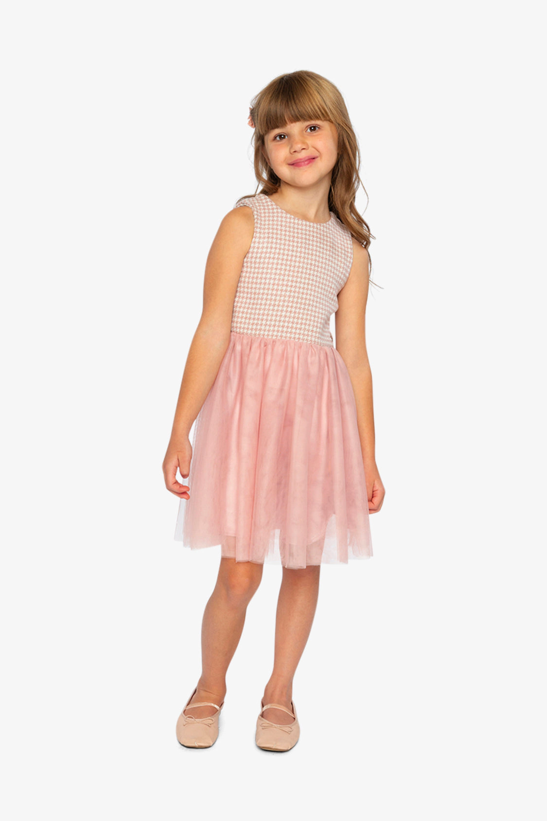 Deux par Girls Bi-Material Sleeveless Houndstooth Print Mesh Skirt Dress