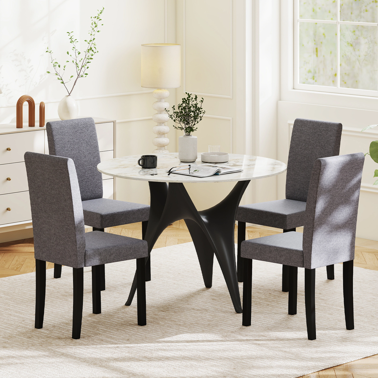 SUGIFT Set of 2 Dark Gray Faux Linen Parson Dining Chairs, 3.5-in Seat, Rubber Wood Legs, 330-lb Capacity
