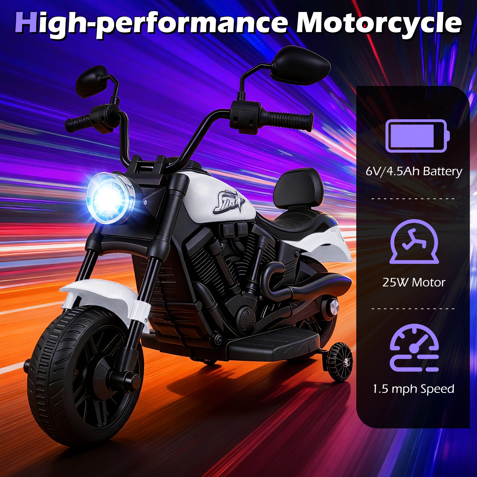 SUGIFT 6V Kids Motorcycle Headlight & Music with Training Wheels 66-lb Capacity over 18 Months 31 x 23 x 22 in White