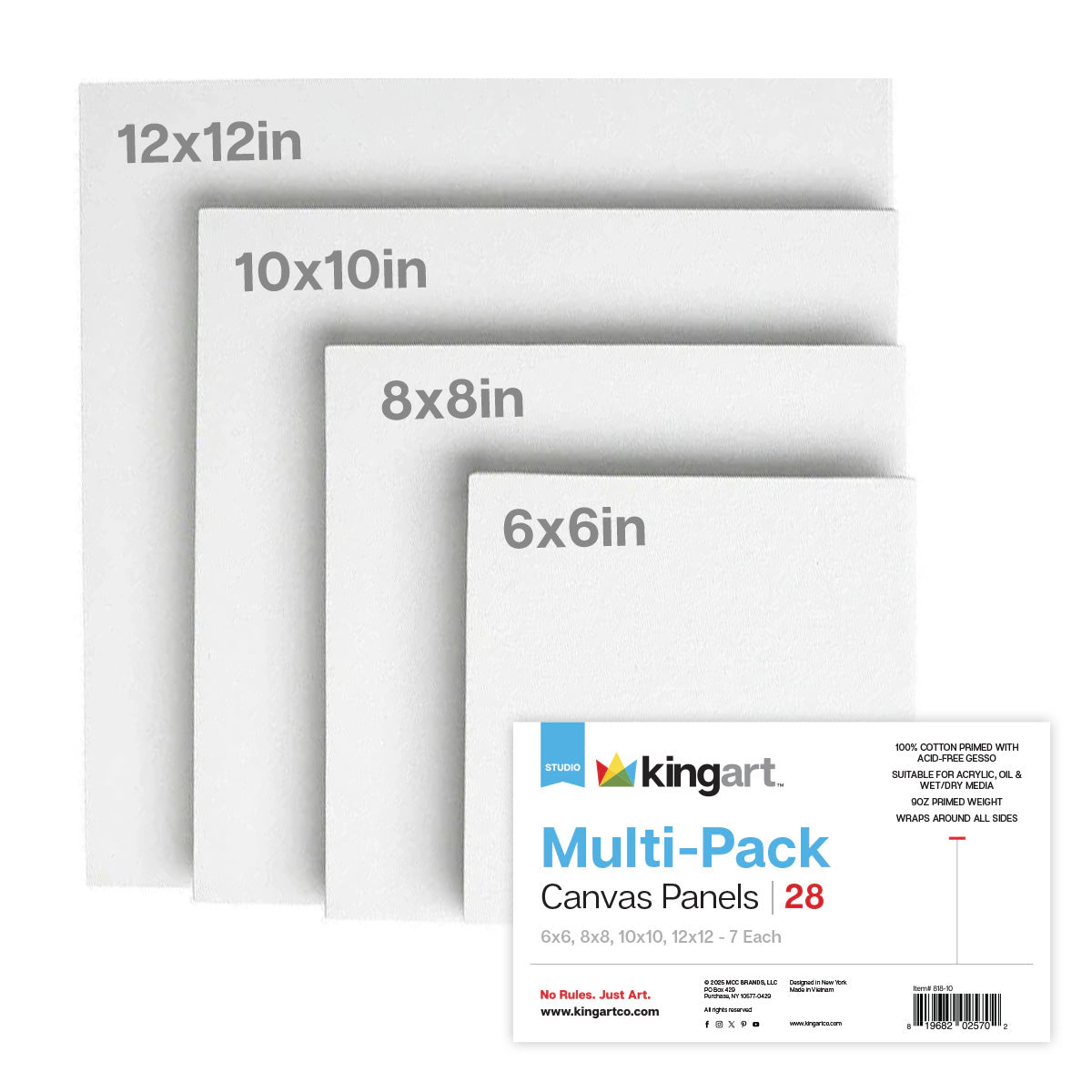 KINGART Canvas Panels Square Multi-Size Set - 28 Pack (6x6, 8x8, 10x10, 12x12)