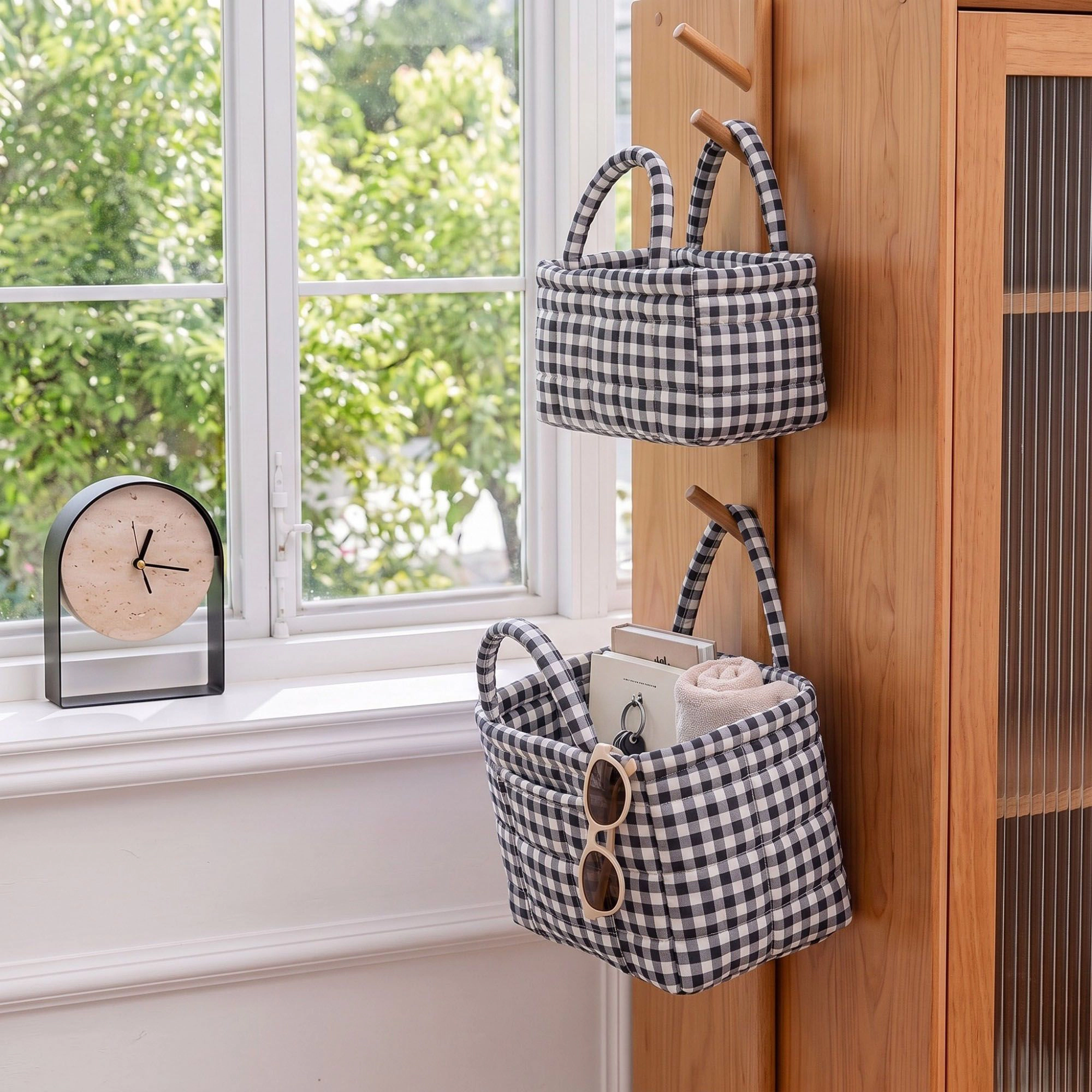 Alilang Unisex 2 Piece Quilted Gingham Storage Tote Set with Handles and Front Pocket